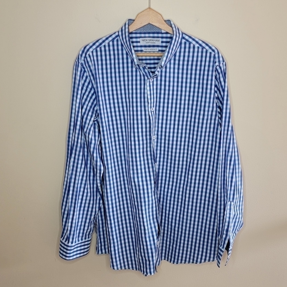 Nick Graham | Everywhere Stretch Modern Fit Blue Gingham Plaid Shirt